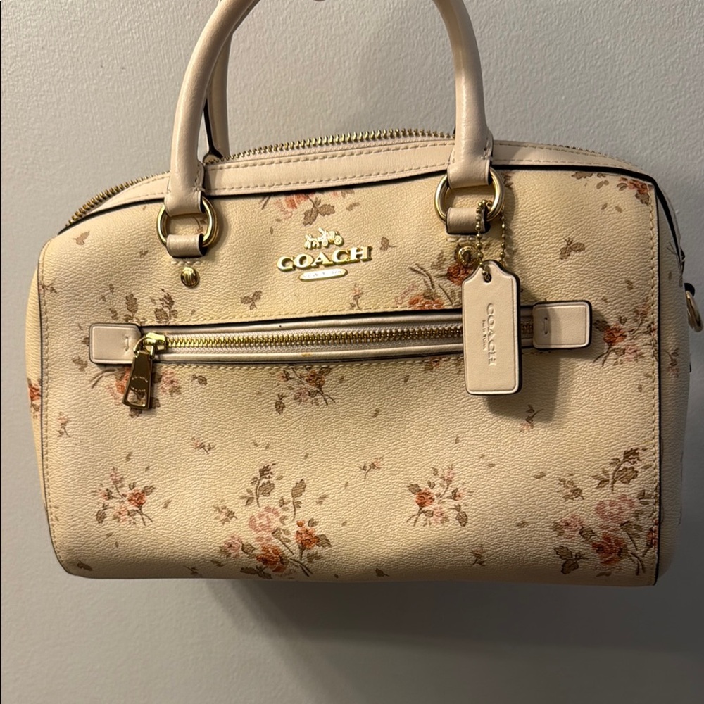 COACH Cream Floral Leather Satchel with Gold Hardware